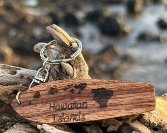 Handmade "Hawaiian Islands" etched Wood Surf Board Key Chain