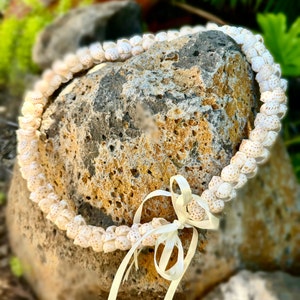 May include: A handcrafted lei necklace made of small, cream-colored seashells. The shells are strung together in a circular pattern, with a white ribbon tied at the bottom. The lei is displayed on a textured, gray rock.