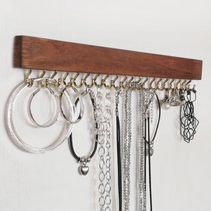 Jewelry organizer wall, hanging necklace holder, jewelry shelf with hooks, wooden earring ring necklace display holder, jewlery. organizer