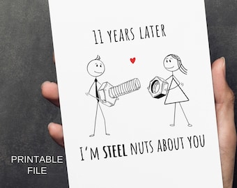 Tarjeta de regalo para el 11.º aniversario de bodas para él o ella, regalo de boda de acero para parejas, imprimible, descarga en formato PNG.