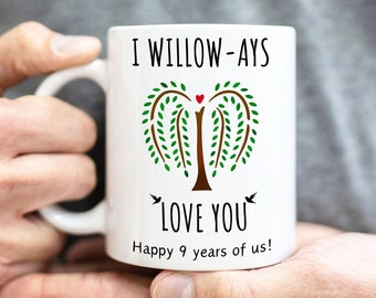 Willow anniversary gifts 9th for her gift mug 9 year nine ninth wedding pottery ceramic for wife husband him couple custom personalized 11oz