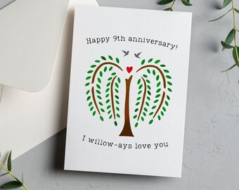 Tarjeta del noveno aniversario sauce para esposa ella él hombre regalo de boda de 9 años regalos nueve noveno aniversario árbol llorón vertical plegable 4 ″ × 6 ″