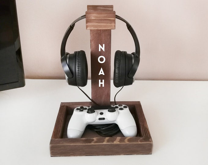 Headphone stand controller holder, gaming stand hanger, custom wood headset organizer for desk, gamer accessories personalized