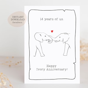 Tarjeta de regalo para el 14.º aniversario para él, color marfil, para su esposo, regalos de boda de 14 años, pareja de elefantes, descarga IMPRIMIBLE Jpeg