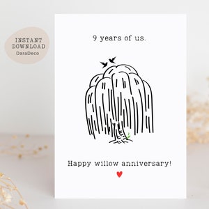 Tarjeta de aniversario número 9, regalo de sauce para esposa, ella, él, hombre, regalos de boda por 9 años, noveno aniversario, árbol llorón, descarga IMPRIMIBLE, Jpeg