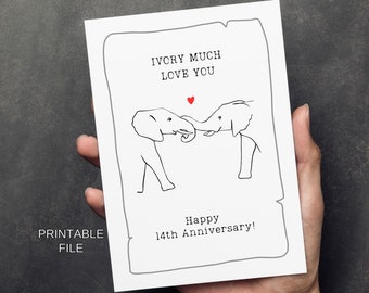 Tarjeta del 14 aniversario regalo de marfil para él su marido regalos de boda de 14 años pareja de elefantes archivo IMPRIMIBLE descargar Jpeg