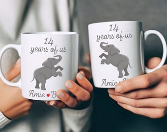 Regalo de marfil del 14o aniversario para parejas taza regalos de boda para él su esposa de 14 años marido elefantes taza monograma personalizada personalizada