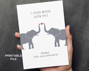 Carte 14e anniversaire en ivoire pour femme, lui, mari, 14 ans, cadeau de mariage, couple d'éléphants, fichier imprimable à télécharger png