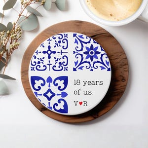 18th anniversary gift for him porcelain her wife 18 years ceramic round coaster eighteen wedding husband couple custom personalized 4"