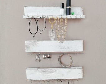 Necklace holder wall mount chain jewelry storage organizer earring hanger jewlery rack hanging shelf with hooks wooden display white