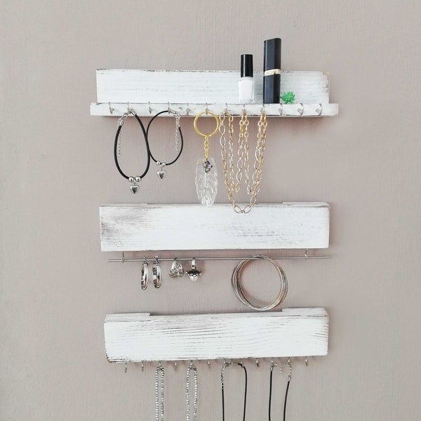 Necklace holder wall mount chain jewelry storage organizer earring hanger jewlery rack hanging shelf with hooks wooden display white