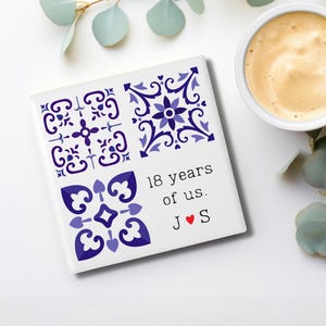 Porcelain anniversary gift for him wife her 18th eighteen wedding 18 years ceramic coaster  husband couple custom personalized 4"x4"