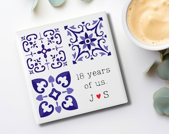 Porcelain anniversary gift for him wife her 18th eighteen wedding 18 years ceramic coaster  husband couple custom personalized 4"x4"