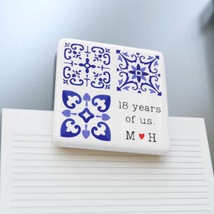 May include: A white rectangular magnet with blue floral patterns and the text "18 years of us. M ❤️ H." The magnet is attached to a metal surface, holding a piece of lined paper.