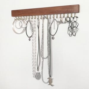 Jewelry wall organizer, hanging necklace holder, jewelry shelf with hooks, wooden earring ring necklace display holder, jewlery. organizer