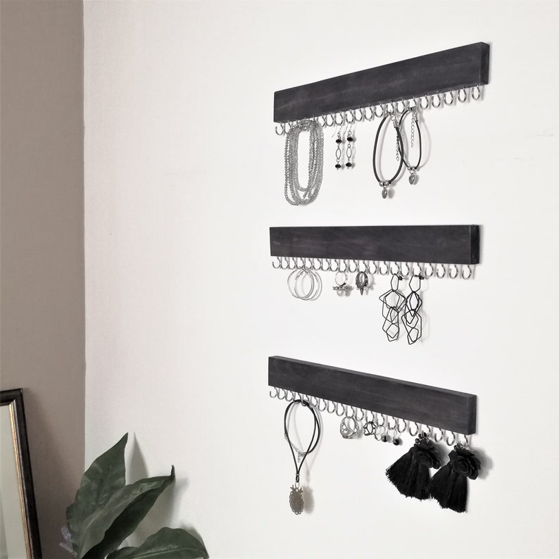 Jewelry organizer wall, hanging necklace holder, jewelry shelf with hooks, wooden earring ring necklace display holder, jewlery. organizer image 7