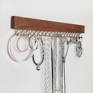 Jewelry organizer wall, hanging necklace holder, jewelry shelf with hooks, wooden earring ring necklace display holder, jewlery. organizer