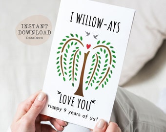 9th anniversary card willow gift for her him wife husband 9 year wedding gifts nine ninth traditional weeping tree PRINTABLE download Jpeg