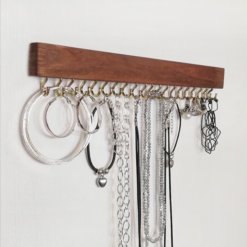 Rangement mural pour bijoux, porte-collier suspendu, étagère à bijoux avec crochets, présentoir pour collier et boucle d'oreille en bois, bijoux. organisateur image 1