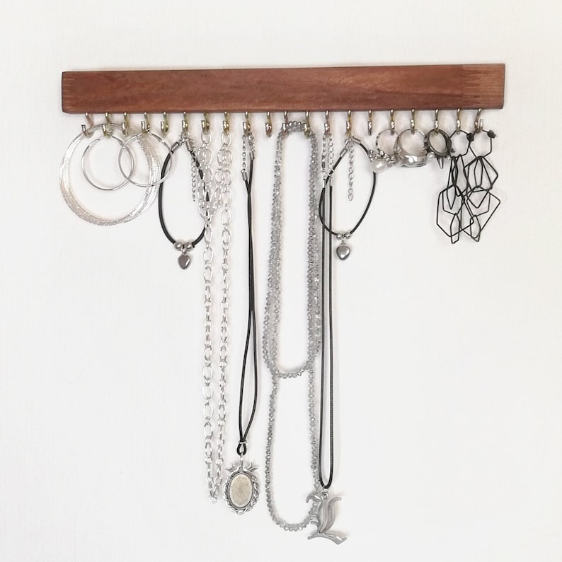 Jewelry organizer wall, hanging necklace holder, jewelry shelf with hooks, wooden earring ring necklace display holder, jewlery. organizer image 2