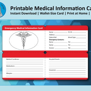 Printable Medical Information Card Medical Alert Card - Etsy