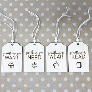 Something You Want, Something You Need, Something To Wear, Something to Read | Wooden Holiday Gift Tag Set