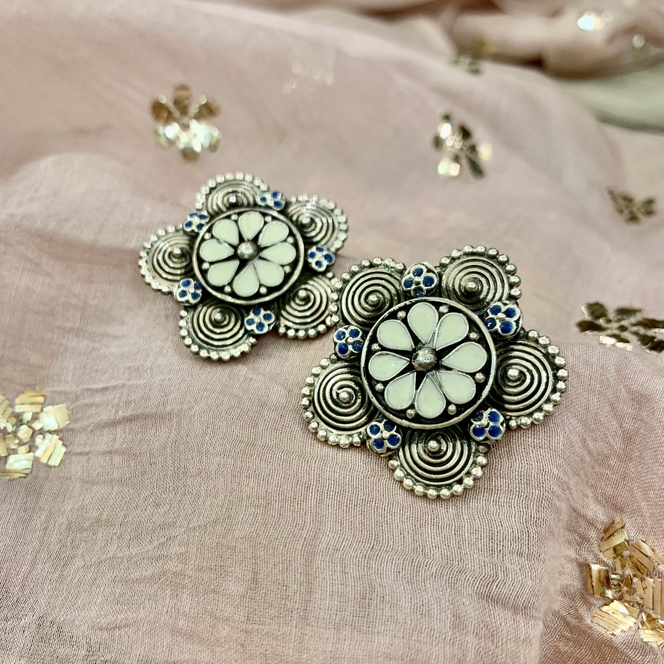 925 Solid Sterling Silver Bohemian Floral Stud Earrings Etsy