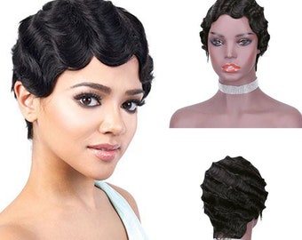 Finger Wave Wig Human Hair Pixie Cut Wig Short Curly Virgin Hair 1920s Vintage Remy Mommy Wig for Black Women