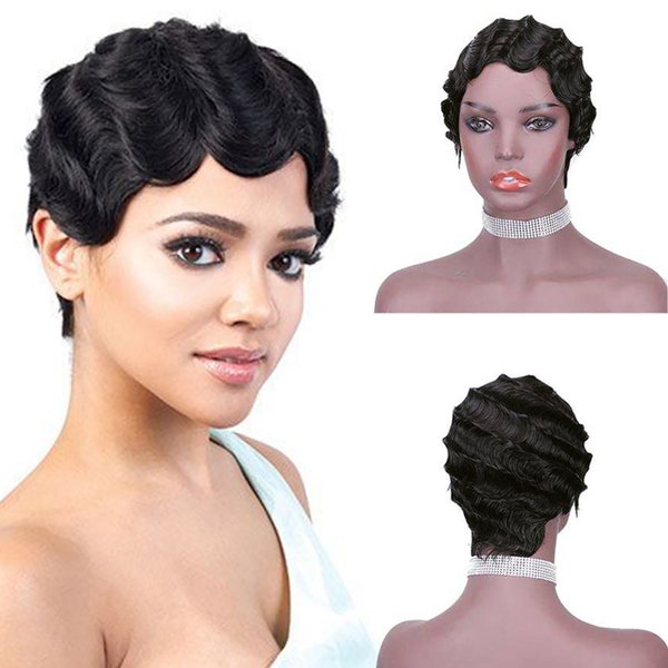 Finger Wave Wig Human Hair Pixie Cut Wig Short Curly Virgin Hair 1920s Vintage Remy Mommy Wig for Black Women