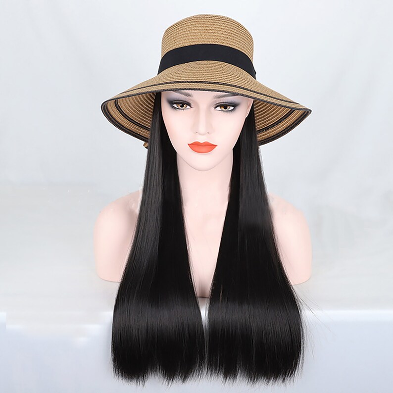 Straw Hat With Hair Extensions Natural Black Color Straight Etsy