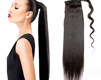 Straight Ponytail Human Hair Extensions Wrap Around Natural Black Color 14" to 26" to Choose 100- 180 Grams Net Hair Weight