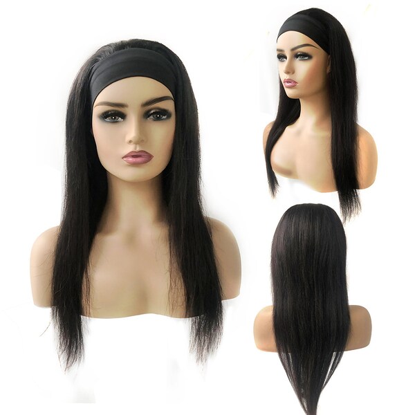 Long Headband Wigs for Black Women Natural Looking Synthetic Wig with Headband Heat Resistant (22inch, Dark Brown Straight)