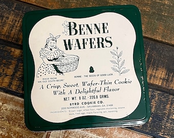 Original Benne Wafers Tin, Vintage Green and White Cookie Tin, Metal Container, Old Fashioned Tin Collector Gift, Southern Cookie Bakery