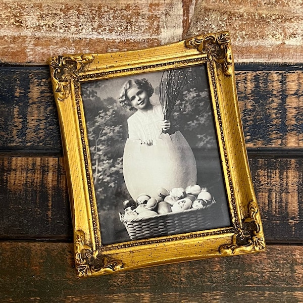 Antique Easter Photo Print of Little Girl in Egg Shell in Ornate Gold Vintage Style Wood Frame, Old Fashioned Easter Decoration, Photography