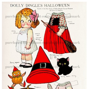 May include: A vintage paper doll cut-out set featuring Dolly Dingle dressed as a witch for Halloween. The set includes a witch's hat, a black cat, a pumpkin, and a jack-o'-lantern. The paper doll is dressed in a red dress with white polka dots and a black bodice. She is holding a broom.