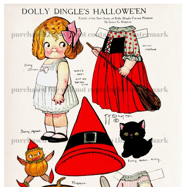 Vintage Halloween Dolly Dingle Paper Doll Dress Up Printable, Old Fashioned Children's Toys, Retro Pumpkin, Ephemera, Scrapbooking, Journal