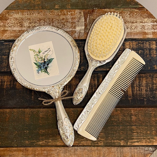 Antique Victorian Brush, Comb, and Mirror Set, Vintage Hair Accessories, Ornate Floral Vanity Set, Fancy Old Fashioned Handheld Mirror Gift