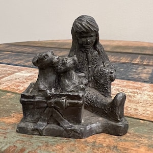 Vintage Pewter Figurine by Ricker of Little Girl and Christmas Gift Dogs, Pewter Knick Knack, Dog Lover Gift Home Decor, Girls Room Puppy