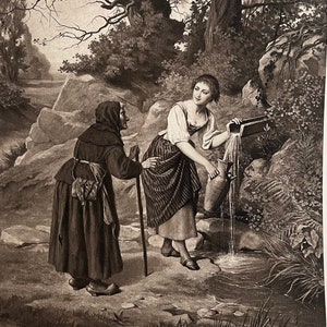 May include: A black and white engraving of two women in a forest setting. The woman on the left is wearing a long, hooded cloak and carrying a walking stick. The woman on the right is wearing a long dress and pouring water from a pitcher into a stream. The text "The Fairies" is printed at the bottom of the image.