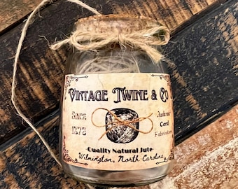 Vintage Twine Jar, Rustic Natural Jute in Glass Yogurt Container, Antique Office Decor, She Shed Gift, Wilmington NC, Crafting Wrapping Rope