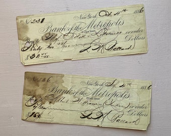 Set of 2 Antique Bank of the Metropolis Checks from 1886, New York, Vintage paper, Old Handwriting Financial Banking Ephemera, Handwriting