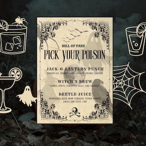 Menú de bar imprimible de Pick Your Poison, cócteles vintage para fiesta de Halloween, lista de platos de Beetle Juice, bebida Witch's Brew, lista de bebidas espirituosas editable