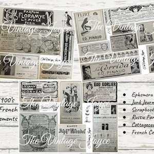 Może przedstawiać: Kolaż vintage'owych francuskich reklam z początku XX wieku. Reklamy przedstawiają produkty takie jak perfumy, likiery i fortepiany. Tekst zawiera nazwy marek, takich jak Floramye, Benedictine i La Corrida. Reklamy są drukowane w czerni i bieli i mają postarzony wygląd.