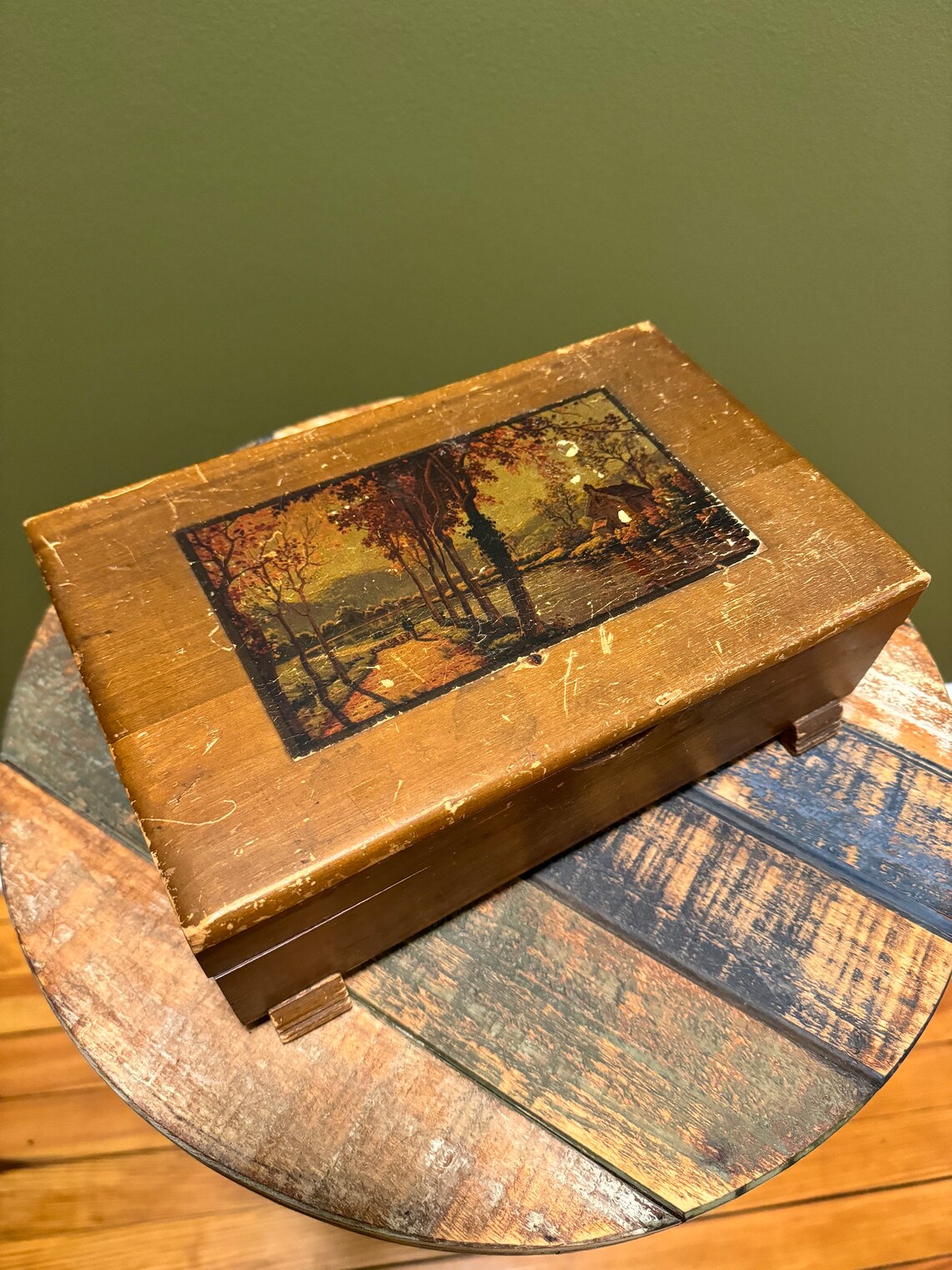 Vintage Rustic Wood Box With Country Picture, Primitive Hinged Sewing ...