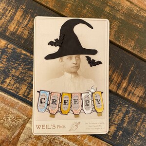 Halloween Vintage Cabinet Card Foto's, Turn of the Century Portretten, Halloween Decor, Halloween Foto's, Heks Decor, Heks Photos