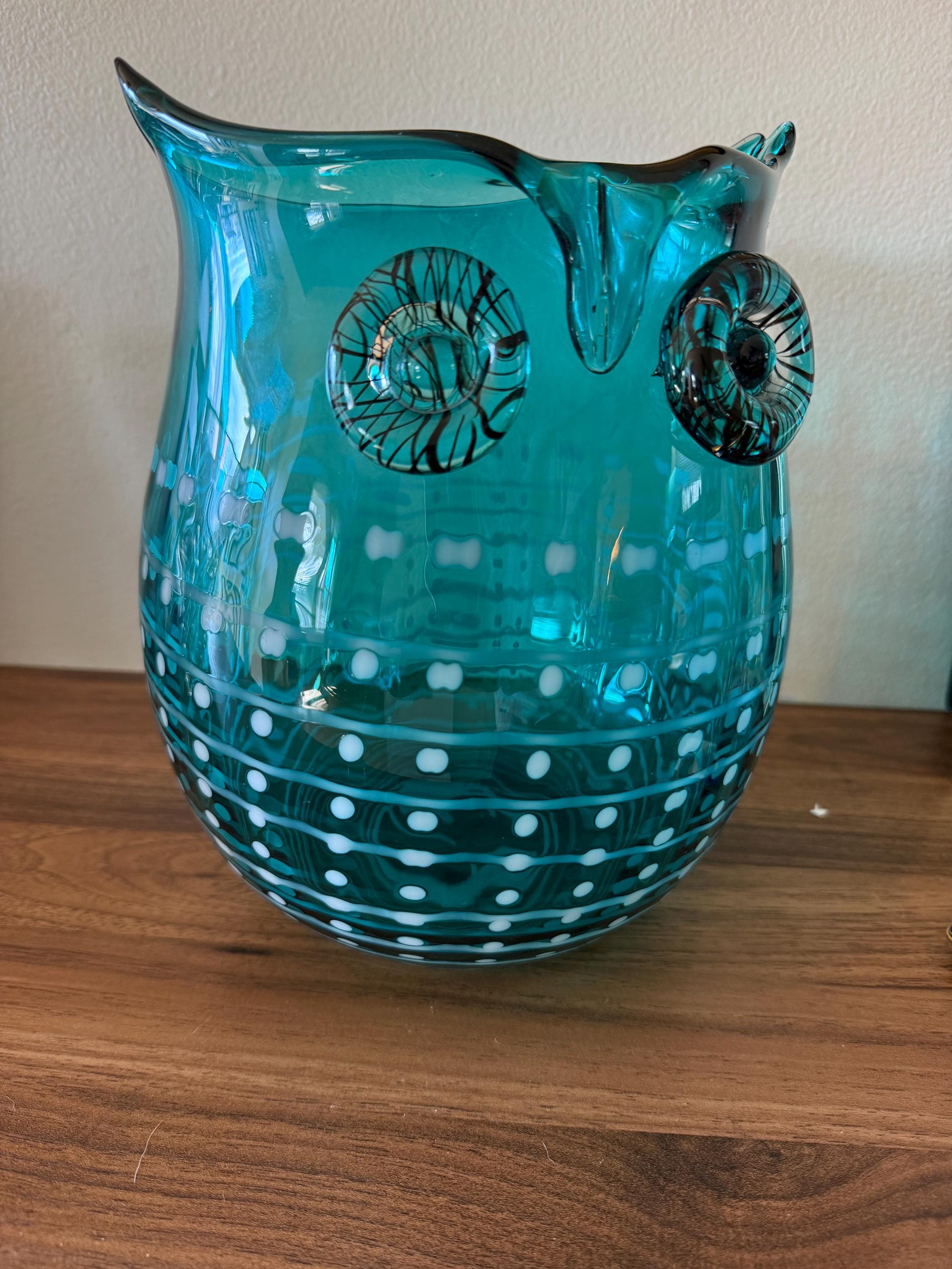 Murano-Style Art Glass Owl Vase | Hand Blown Turquoise Blue Italian-Style Glass | Vintage Statement 