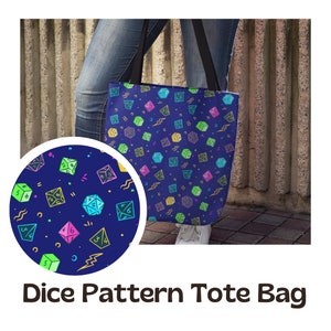 May include: A blue tote bag with a colorful dice pattern. The dice are outlined in neon colors and have different numbers on each side. The bag has black straps.