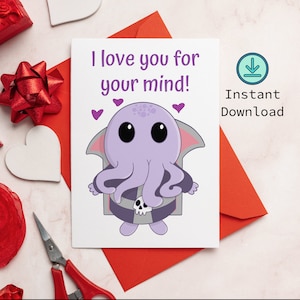 Cartão de Dia dos Namorados D&D Cartão para impressão do Mind Flayer "Eu te amo pela sua mente" | Arquivo de download instantâneo Dungeons and Dragons