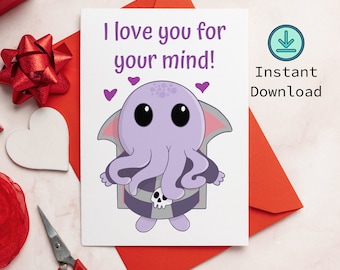 D&D Valentine Card Mind Flayer Printable Card "I love you for your mind" | Instant Download File Dungeons and Dragons