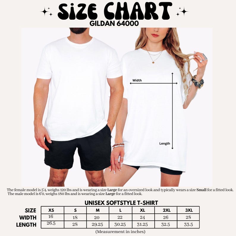 Może przedstawiać: Tabela rozmiar&oacute;w dla koszulek unisex Gildan 64000. Tabela zawiera wymiary w calach dla szerokości i długości, od XS do 3XL. Obraz przedstawia mężczyznę i kobietę w koszulkach, z informacjami o rozmiarach dla każdego modelu.